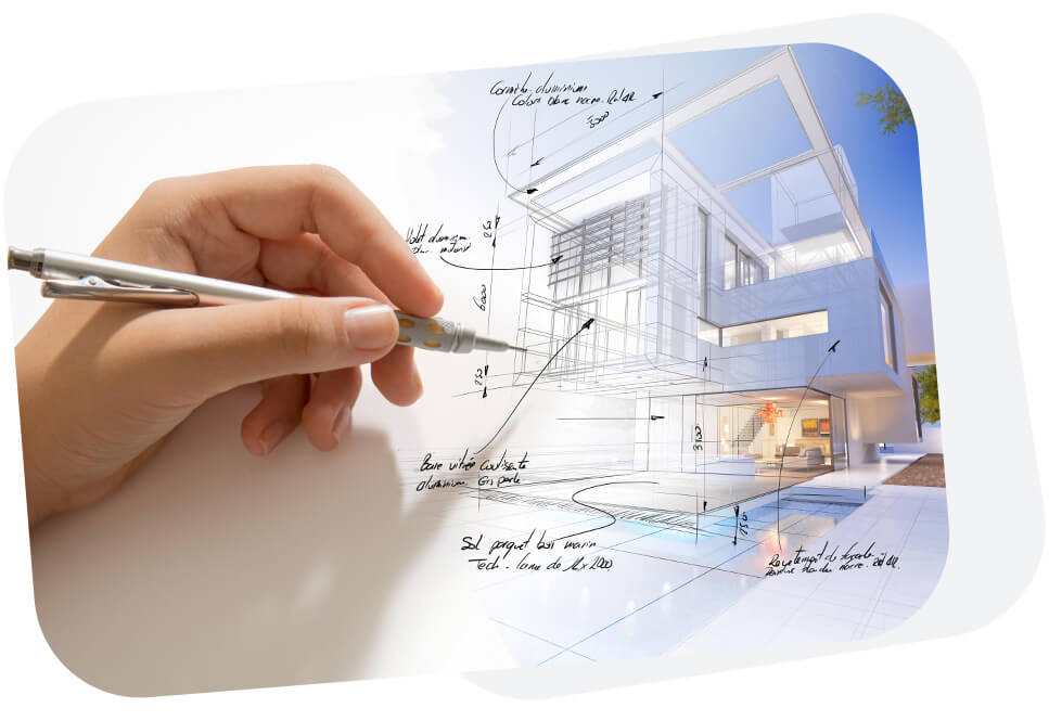 Eine Hand zeichnet mit Bleistift eine Architekturskizze eines modernen Hauses mit Maßangaben.