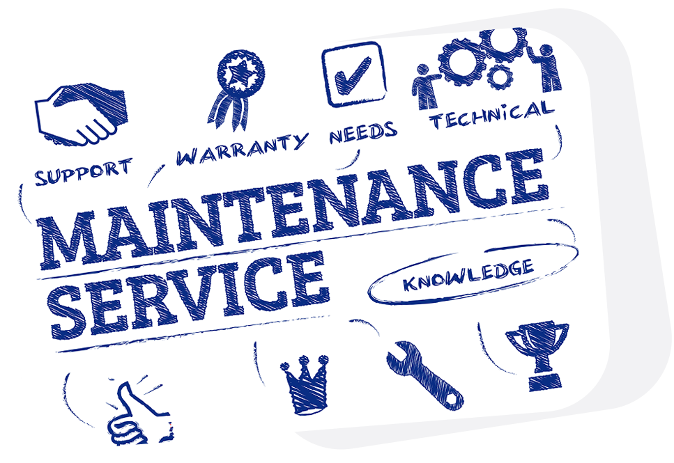 "Maintenance Service" Text mit Zeichnungen von Support, Garantie, technischem Bedarf, Wissen und Trophäe.