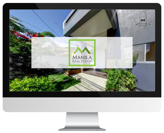 Auf einem Bildschirm ist eine 360-Grad-Ansicht eines modernen Hauses mit dem Logo "Manila Real Estate" zu sehen.